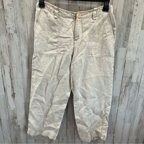Eddie Bauer 100% Linen Tan Oatmeal Cropped Flowy Pants - Picture 1 of 7